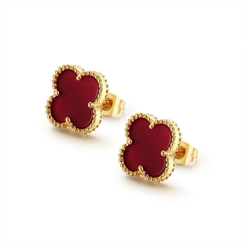 Four leaf clover red shell stud earrings